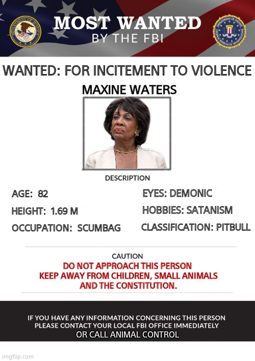 Mad Maxine Incitement Machine. | WANTED: FOR INCITEMENT TO VIOLENCE; MAXINE WATERS; EYES: DEMONIC; AGE:  82; HOBBIES: SATANISM; HEIGHT:  1.69 M; CLASSIFICATION: PITBULL; OCCUPATION:  SCUMBAG; DO NOT APPROACH THIS PERSON
 KEEP AWAY FROM CHILDREN, SMALL ANIMALS
 AND THE CONSTITUTION. OR CALL ANIMAL CONTROL | image tagged in memes,maxine waters,riots,corruption,funny memes,political meme | made w/ Imgflip meme maker