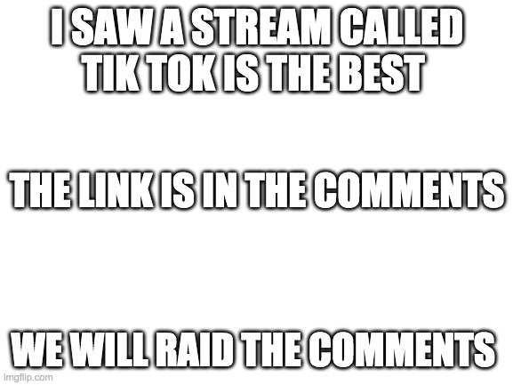 Blank White Template | I SAW A STREAM CALLED TIK TOK IS THE BEST; THE LINK IS IN THE COMMENTS; WE WILL RAID THE COMMENTS | image tagged in blank white template | made w/ Imgflip meme maker