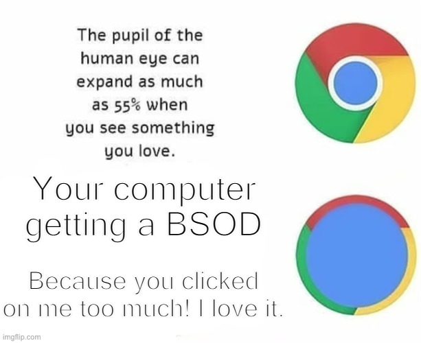 The Pupil Of The Human Eye Can Expand As Much As 55% When You | Your computer getting a BSOD Because you clicked on me too much! I love it. | image tagged in the pupil of the human eye can expand as much as 55 when you | made w/ Imgflip meme maker