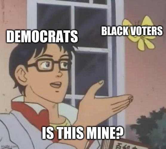 Democrats in a nutshell | BLACK VOTERS; DEMOCRATS; IS THIS MINE? | image tagged in memes,is this a pigeon,conservatives | made w/ Imgflip meme maker