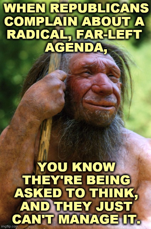 Not enough brain power, I'm afraid. | WHEN REPUBLICANS COMPLAIN ABOUT A 
RADICAL, FAR-LEFT 
AGENDA, YOU KNOW THEY'RE BEING ASKED TO THINK,
AND THEY JUST CAN'T MANAGE IT. | image tagged in neanderthal,gop,republicans,idiots | made w/ Imgflip meme maker
