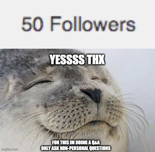 TYSM TO THOSE 50 PEOPLE | YESSSS THX; FOR THIS IM DOING A Q&A
ONLY ASK NON-PERSONAL QUESTIONS | image tagged in memes,satisfied seal | made w/ Imgflip meme maker