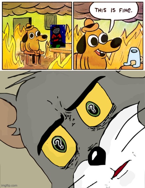 amogus is trash | ? ? | image tagged in memes,this is fine,unsettled tom | made w/ Imgflip meme maker