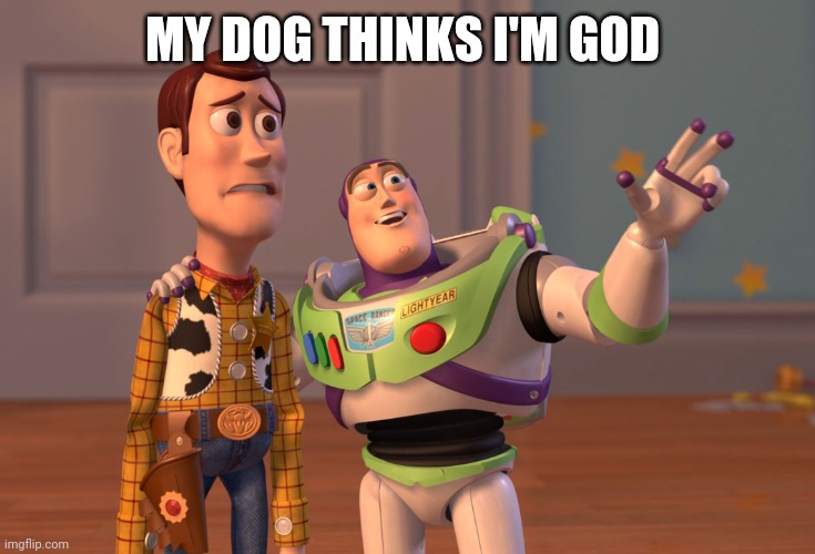 X, X Everywhere Meme | MY DOG THINKS I'M GOD | image tagged in memes,x x everywhere | made w/ Imgflip meme maker