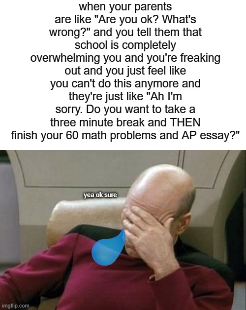 when your parents are like "Are you ok? What's wrong?" and you tell them that school is completely overwhelming you and you're freaking out and you just feel like you can't do this anymore and they're just like "Ah I'm sorry. Do you want to take a three minute break and THEN finish your 60 math problems and AP essay?"; yea ok sure | image tagged in blank white template,memes,captain picard facepalm | made w/ Imgflip meme maker