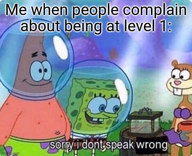 Ad presents: the C R I N G E | Me when people complain about being at level 1: | image tagged in sorry i don't speak wrong,ad,mobile,video games,level,stage | made w/ Imgflip meme maker