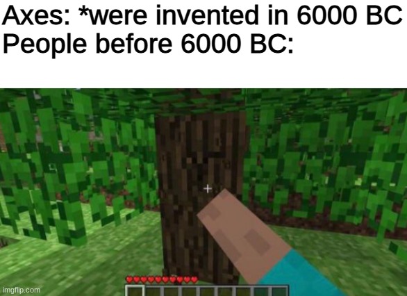 splinters galore | Axes: *were invented in 6000 BC
People before 6000 BC: | image tagged in blank white template,minecraft,hands,tree,6000,bc | made w/ Imgflip meme maker