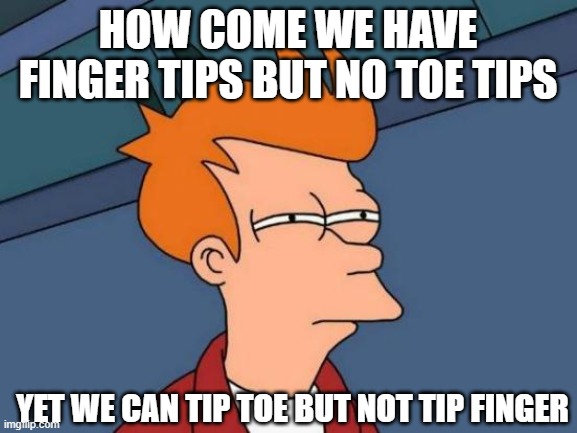 Futurama Fry Meme | HOW COME WE HAVE FINGER TIPS BUT NO TOE TIPS; YET WE CAN TIP TOE BUT NOT TIP FINGER | image tagged in memes,futurama fry | made w/ Imgflip meme maker