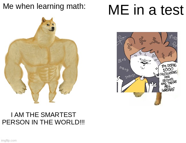 Made this cuz i was having trouble during a 6th grade math test. | Me when learning math:; ME in a test; I AM THE SMARTEST PERSON IN THE WORLD!!! | image tagged in memes,buff doge vs cheems | made w/ Imgflip meme maker