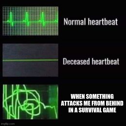 yes | WHEN SOMETHING ATTACKS ME FROM BEHIND IN A SURVIVAL GAME | image tagged in heartbeat rate | made w/ Imgflip meme maker
