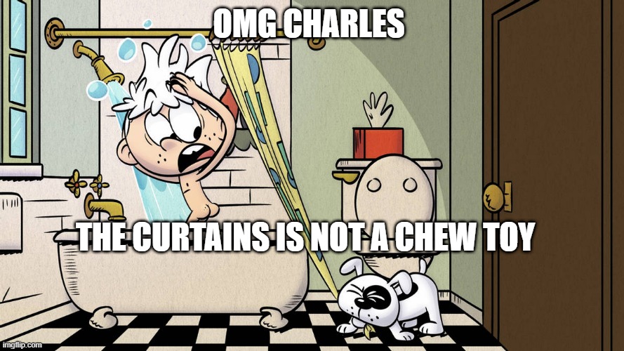 OMG CHARLES; THE CURTAINS IS NOT A CHEW TOY | image tagged in the loud house,butt | made w/ Imgflip meme maker