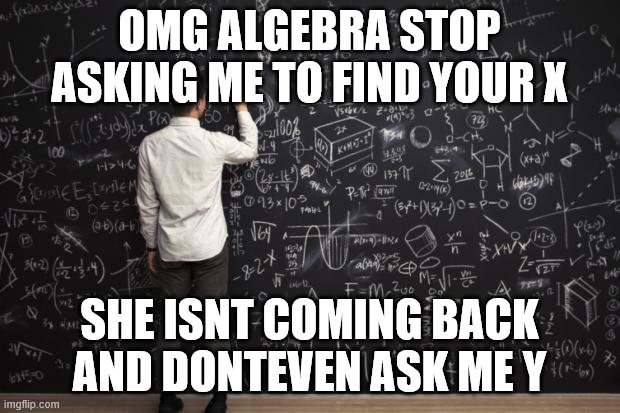 Math |  OMG ALGEBRA STOP ASKING ME TO FIND YOUR X; SHE ISNT COMING BACK AND DONTEVEN ASK ME Y | image tagged in math | made w/ Imgflip meme maker