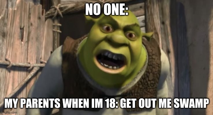 Shrek What are you doing in my swamp? | NO ONE:; MY PARENTS WHEN IM 18: GET OUT ME SWAMP | image tagged in shrek what are you doing in my swamp | made w/ Imgflip meme maker