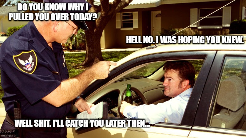 420 day... | DO YOU KNOW WHY I PULLED YOU OVER TODAY? HELL NO. I WAS HOPING YOU KNEW. WELL SHIT. I'LL CATCH YOU LATER THEN... | image tagged in traffic stop | made w/ Imgflip meme maker