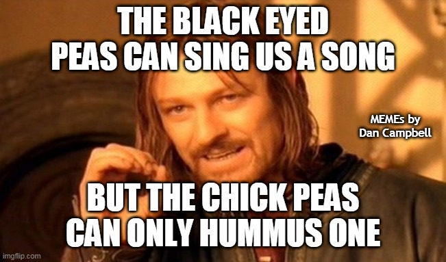 One Does Not Simply Meme | THE BLACK EYED PEAS CAN SING US A SONG; MEMEs by Dan Campbell; BUT THE CHICK PEAS CAN ONLY HUMMUS ONE | image tagged in memes,one does not simply | made w/ Imgflip meme maker