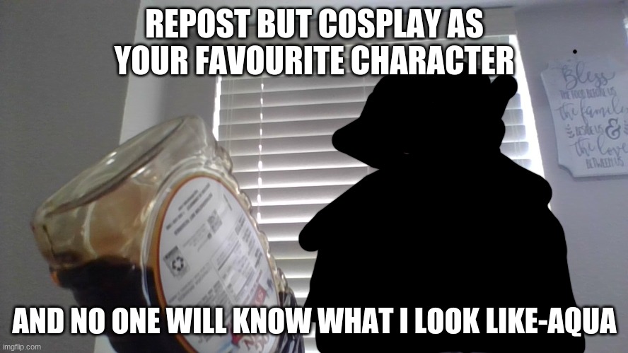 REPOST BUT COSPLAY AS YOUR FAVOURITE CHARACTER; AND NO ONE WILL KNOW WHAT I LOOK LIKE-AQUA | made w/ Imgflip meme maker