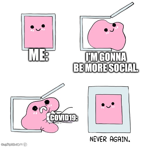 Covid | ME:; I'M GONNA BE MORE SOCIAL. COVID19: | image tagged in pink blob in the box | made w/ Imgflip meme maker