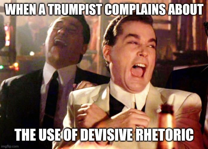 Never bothered you before | WHEN A TRUMPIST COMPLAINS ABOUT; THE USE OF DEVISIVE RHETORIC | image tagged in memes,good fellas hilarious | made w/ Imgflip meme maker