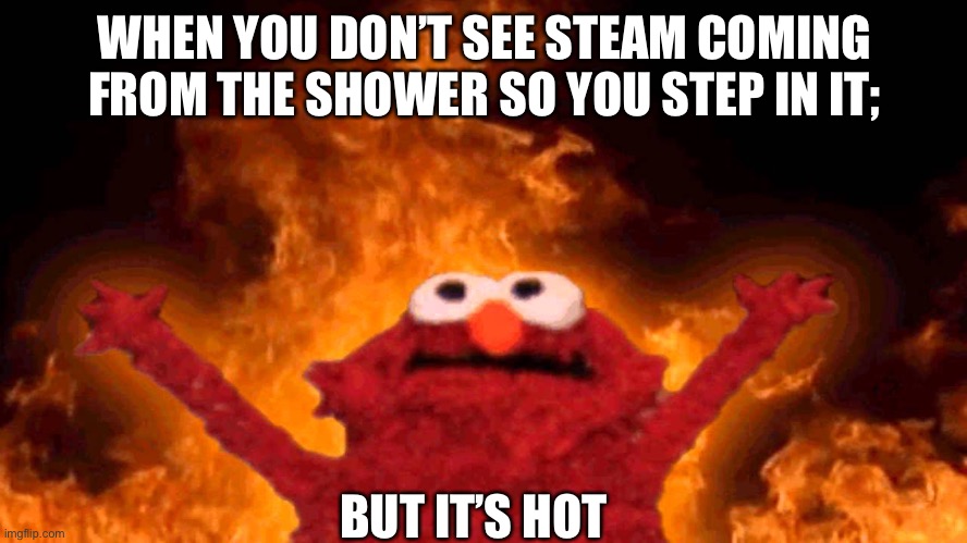 elmo fire | WHEN YOU DON’T SEE STEAM COMING FROM THE SHOWER SO YOU STEP IN IT;; BUT IT’S HOT | image tagged in elmo fire | made w/ Imgflip meme maker