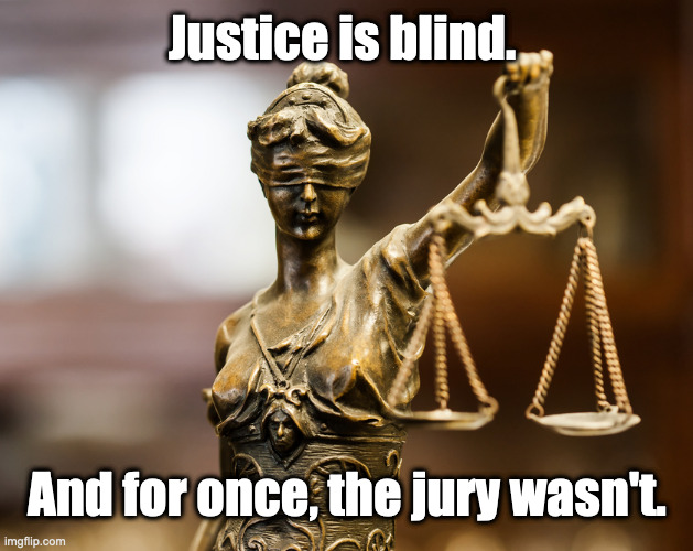 Let's hope it catches on... | Justice is blind. And for once, the jury wasn't. | image tagged in justice,social justice | made w/ Imgflip meme maker