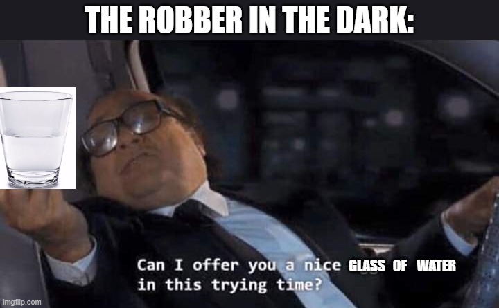 Can I offer you a nice egg in this trying time? | THE ROBBER IN THE DARK: GLASS   OF    WATER | image tagged in can i offer you a nice egg in this trying time | made w/ Imgflip meme maker