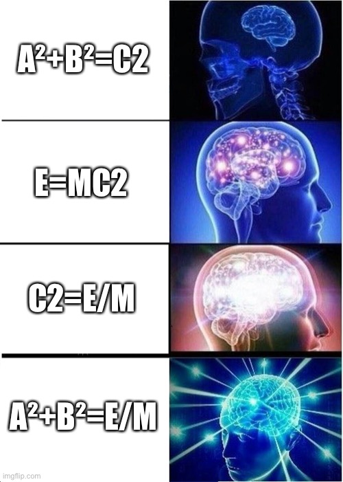 Expanding Brain Meme | A²+B²=C2; E=MC2; C2=E/M; A²+B²=E/M | image tagged in memes,expanding brain | made w/ Imgflip meme maker