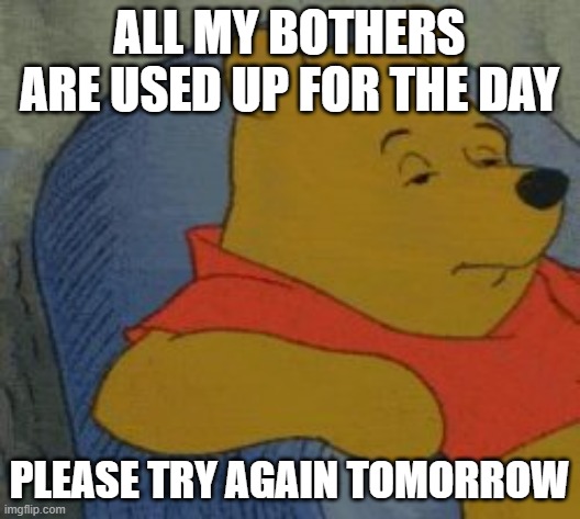 no bothers given | ALL MY BOTHERS ARE USED UP FOR THE DAY; PLEASE TRY AGAIN TOMORROW | image tagged in winnie the pooh | made w/ Imgflip meme maker