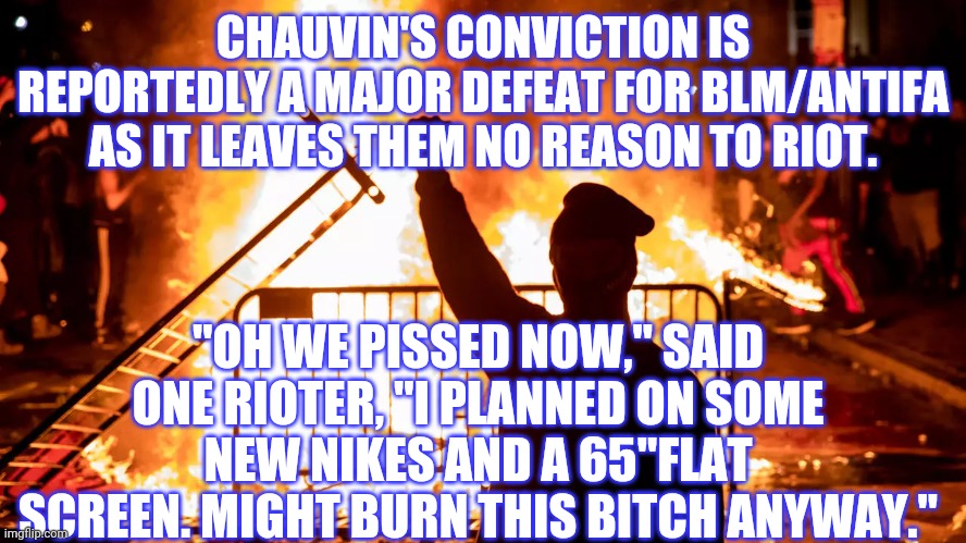 Rioters | CHAUVIN'S CONVICTION IS REPORTEDLY A MAJOR DEFEAT FOR BLM/ANTIFA AS IT LEAVES THEM NO REASON TO RIOT. "OH WE PISSED NOW," SAID ONE RIOTER, "I PLANNED ON SOME NEW NIKES AND A 65"FLAT SCREEN. MIGHT BURN THIS BITCH ANYWAY." | image tagged in rioters | made w/ Imgflip meme maker
