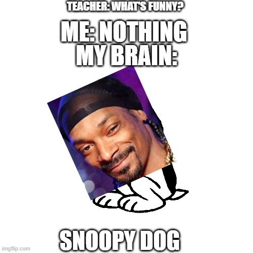 Blank Transparent Square Meme | TEACHER: WHAT'S FUNNY? ME: NOTHING; MY BRAIN:; SNOOPY DOG | image tagged in memes,blank transparent square | made w/ Imgflip meme maker