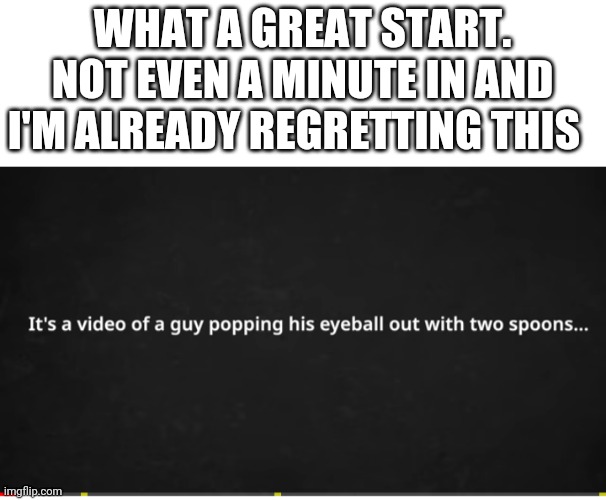 WHAT A GREAT START. NOT EVEN A MINUTE IN AND I'M ALREADY REGRETTING THIS | made w/ Imgflip meme maker