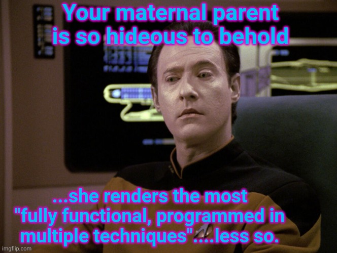 Yo Mama Data | Your maternal parent is so hideous to behold; ...she renders the most "fully functional, programmed in multiple techniques"....less so. | image tagged in star trek data,data,star trek tng | made w/ Imgflip meme maker