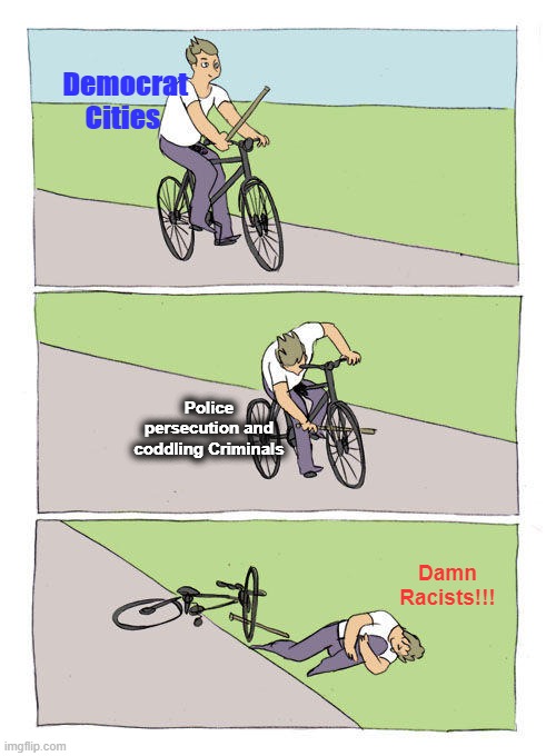 Bike Fall | Democrat Cities; Police persecution and coddling Criminals; Damn Racists!!! | image tagged in memes,bike fall | made w/ Imgflip meme maker