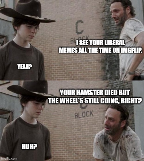 Liberals can't meme! | I SEE YOUR LIBERAL MEMES ALL THE TIME ON IMGFLIP. YEAH? YOUR HAMSTER DIED BUT THE WHEEL'S STILL GOING, RIGHT? HUH? | image tagged in memes,rick and carl,liberals,dimwits,unfunny,delusional | made w/ Imgflip meme maker