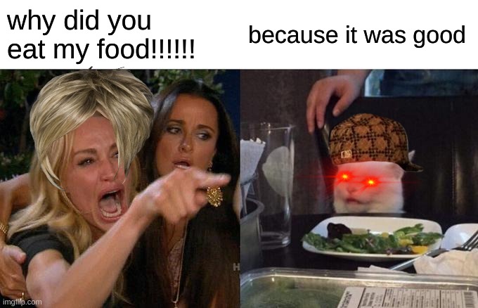 Woman Yelling At Cat | why did you eat my food!!!!!! because it was good | image tagged in memes,woman yelling at cat | made w/ Imgflip meme maker