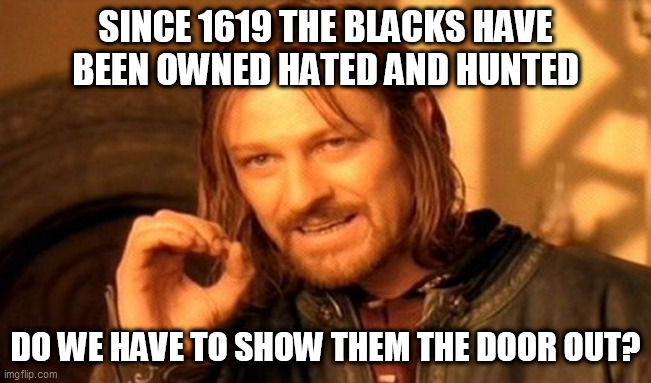 One Does Not Simply Meme | SINCE 1619 THE BLACKS HAVE BEEN OWNED HATED AND HUNTED; DO WE HAVE TO SHOW THEM THE DOOR OUT? | image tagged in memes,one does not simply | made w/ Imgflip meme maker