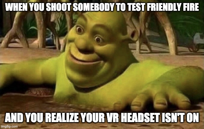 #Relatable | WHEN YOU SHOOT SOMEBODY TO TEST FRIENDLY FIRE; AND YOU REALIZE YOUR VR HEADSET ISN'T ON | image tagged in shocked shrek | made w/ Imgflip meme maker