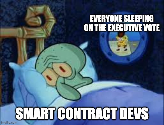 Squidward can't sleep with the spoons rattling | EVERYONE SLEEPING ON THE EXECUTIVE VOTE; SMART CONTRACT DEVS | image tagged in squidward can't sleep with the spoons rattling | made w/ Imgflip meme maker