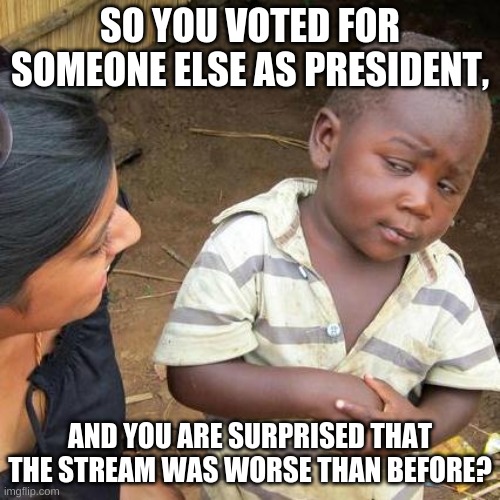 We can't stand AFK no more. Vote Wubbzy, he's never AFK! | SO YOU VOTED FOR SOMEONE ELSE AS PRESIDENT, AND YOU ARE SURPRISED THAT THE STREAM WAS WORSE THAN BEFORE? | image tagged in memes,third world skeptical kid | made w/ Imgflip meme maker