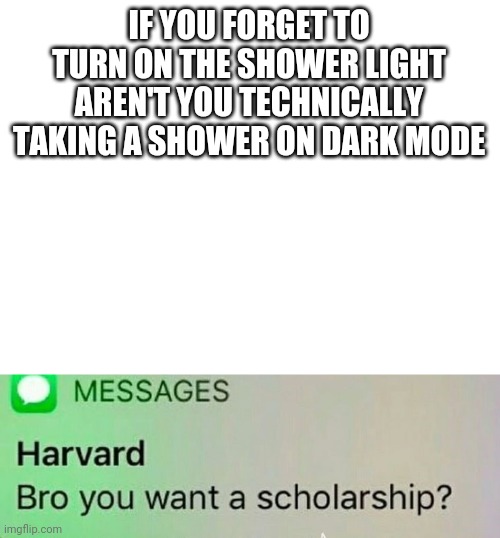 But actually tho | IF YOU FORGET TO TURN ON THE SHOWER LIGHT AREN'T YOU TECHNICALLY TAKING A SHOWER ON DARK MODE | image tagged in blank white template,harvard scholarship | made w/ Imgflip meme maker