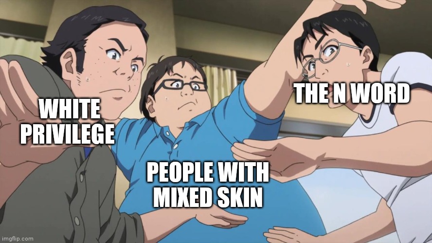 As a mixed person myself I'm conflicted |  THE N WORD; WHITE PRIVILEGE; PEOPLE WITH MIXED SKIN | image tagged in anime meme | made w/ Imgflip meme maker