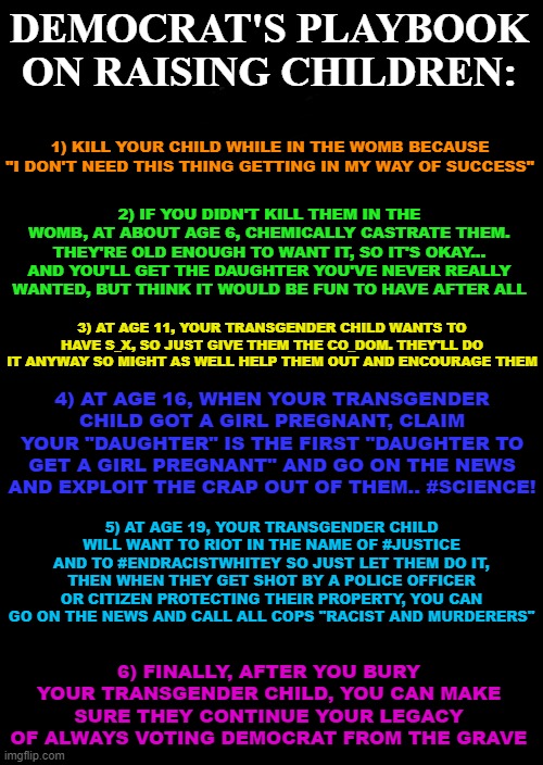And most importantly, always blame someone or something else other than yourself. You're never responsible for your actions. | DEMOCRAT'S PLAYBOOK ON RAISING CHILDREN:; 1) KILL YOUR CHILD WHILE IN THE WOMB BECAUSE "I DON'T NEED THIS THING GETTING IN MY WAY OF SUCCESS"; 2) IF YOU DIDN'T KILL THEM IN THE WOMB, AT ABOUT AGE 6, CHEMICALLY CASTRATE THEM. THEY'RE OLD ENOUGH TO WANT IT, SO IT'S OKAY... AND YOU'LL GET THE DAUGHTER YOU'VE NEVER REALLY WANTED, BUT THINK IT WOULD BE FUN TO HAVE AFTER ALL; 3) AT AGE 11, YOUR TRANSGENDER CHILD WANTS TO HAVE S_X, SO JUST GIVE THEM THE CO_DOM. THEY'LL DO IT ANYWAY SO MIGHT AS WELL HELP THEM OUT AND ENCOURAGE THEM; 4) AT AGE 16, WHEN YOUR TRANSGENDER CHILD GOT A GIRL PREGNANT, CLAIM YOUR "DAUGHTER" IS THE FIRST "DAUGHTER TO GET A GIRL PREGNANT" AND GO ON THE NEWS AND EXPLOIT THE CRAP OUT OF THEM.. #SCIENCE! 5) AT AGE 19, YOUR TRANSGENDER CHILD WILL WANT TO RIOT IN THE NAME OF #JUSTICE AND TO #ENDRACISTWHITEY SO JUST LET THEM DO IT, THEN WHEN THEY GET SHOT BY A POLICE OFFICER OR CITIZEN PROTECTING THEIR PROPERTY, YOU CAN GO ON THE NEWS AND CALL ALL COPS "RACIST AND MURDERERS"; 6) FINALLY, AFTER YOU BURY YOUR TRANSGENDER CHILD, YOU CAN MAKE SURE THEY CONTINUE YOUR LEGACY OF ALWAYS VOTING DEMOCRAT FROM THE GRAVE | image tagged in a black blank,riot,transgender,abortion,bad parenting,democrats | made w/ Imgflip meme maker