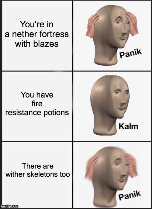 Panik Kalm Panik Meme | You're in a nether fortress with blazes You have fire resistance potions There are wither skeletons too | image tagged in memes,panik kalm panik | made w/ Imgflip meme maker