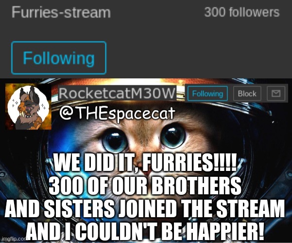 WE DID IT, FURRIES!!!! 300 OF OUR BROTHERS AND SISTERS JOINED THE STREAM AND I COULDN'T BE HAPPIER! | image tagged in rocketcatm30w announcement template | made w/ Imgflip meme maker