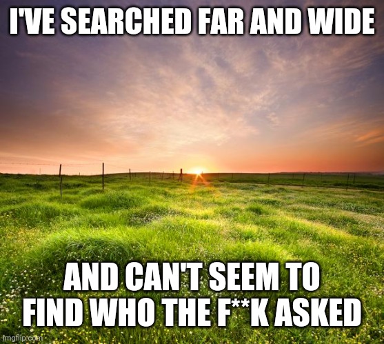 landscapemaymay | I'VE SEARCHED FAR AND WIDE AND CAN'T SEEM TO FIND WHO THE F**K ASKED | image tagged in landscapemaymay | made w/ Imgflip meme maker