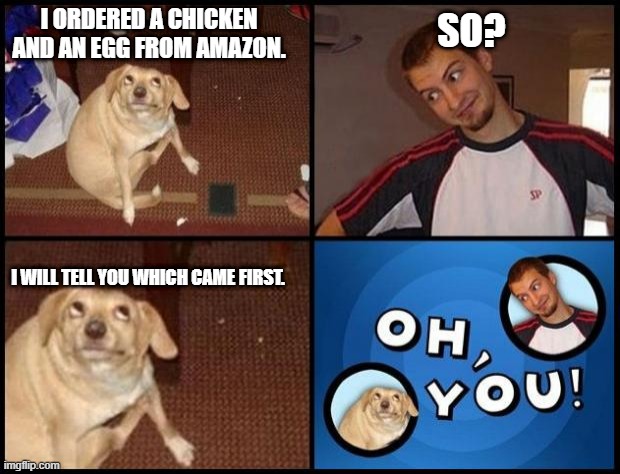 Oh You | I ORDERED A CHICKEN AND AN EGG FROM AMAZON. SO? I WILL TELL YOU WHICH CAME FIRST. | image tagged in oh you | made w/ Imgflip meme maker