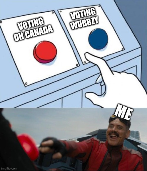 Egg man pressing red button | VOTING
OH CANADA VOTING
WUBBZY ME | image tagged in egg man pressing red button | made w/ Imgflip meme maker