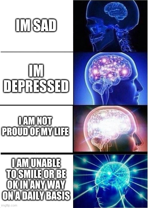 IM SAD IM DEPRESSED I AM NOT PROUD OF MY LIFE I AM UNABLE TO SMILE OR BE OK IN ANY WAY ON A DAILY BASIS | image tagged in memes,expanding brain | made w/ Imgflip meme maker