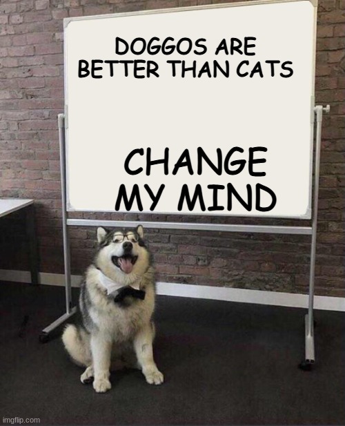 Professor Doggo | DOGGOS ARE BETTER THAN CATS; CHANGE MY MIND | image tagged in professor doggo | made w/ Imgflip meme maker