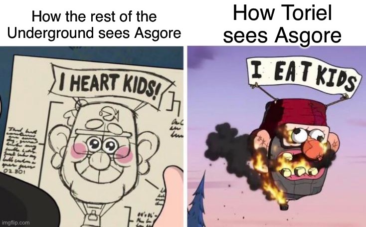 I heart kids, I eat kids | How Toriel sees Asgore; How the rest of the Underground sees Asgore | image tagged in i heart kids i eat kids | made w/ Imgflip meme maker