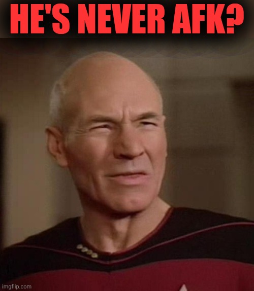 Confused Picard | HE'S NEVER AFK? | image tagged in confused picard | made w/ Imgflip meme maker